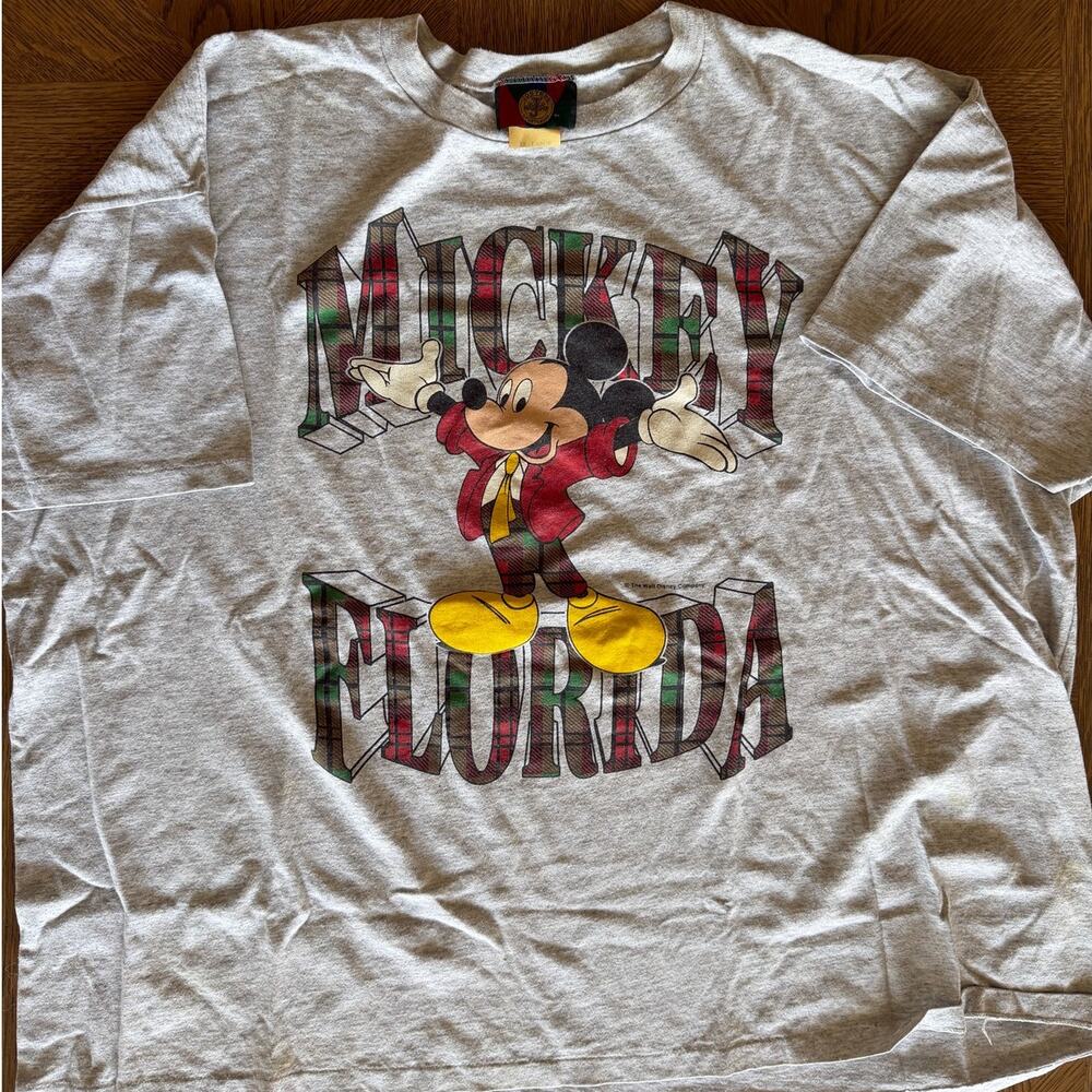 Vtg 90s Mickey Florida Plaid Disney T-Shirt Jostens Sz 3XL